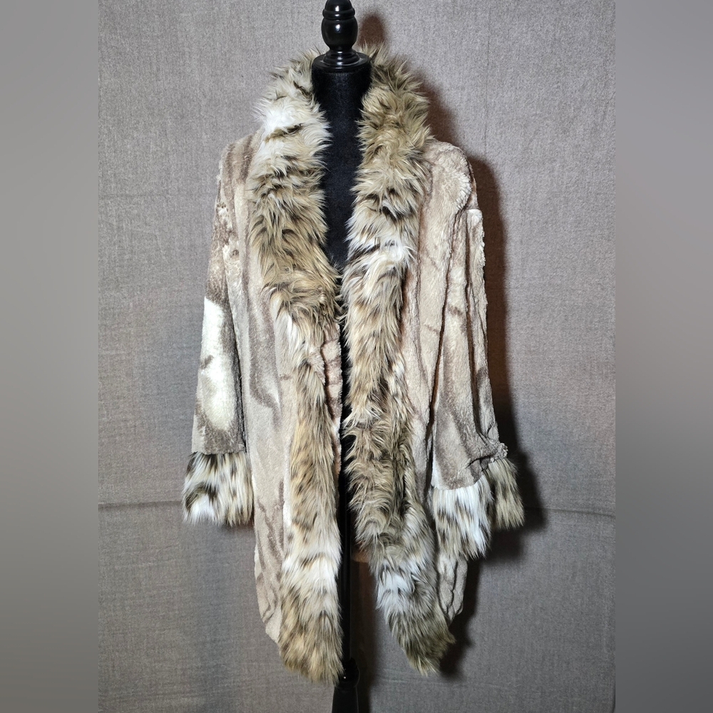 Adrienne Landau Brown & Cream Faux Fur Trim Spotted Kimono Jacket Womens Large - Picture 2 of 15